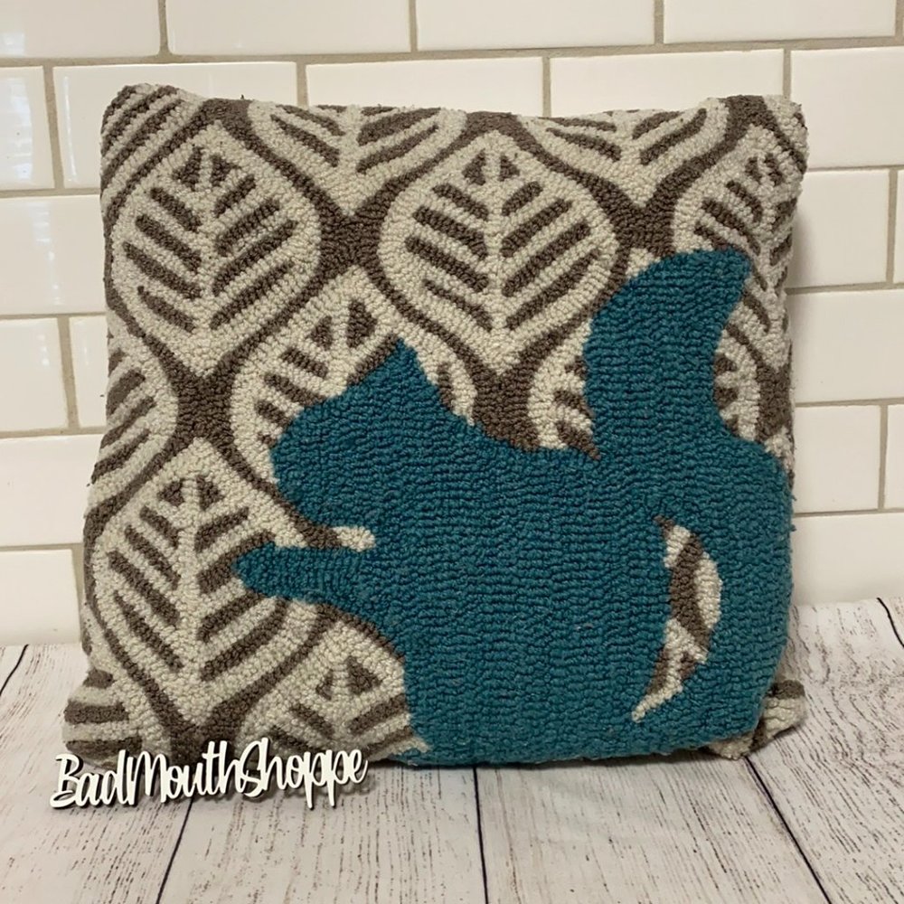 HomeGoods TJ Maxx Grey Ivory Teal Crewel Embroidery Squirrel Leaves Throw Pillow